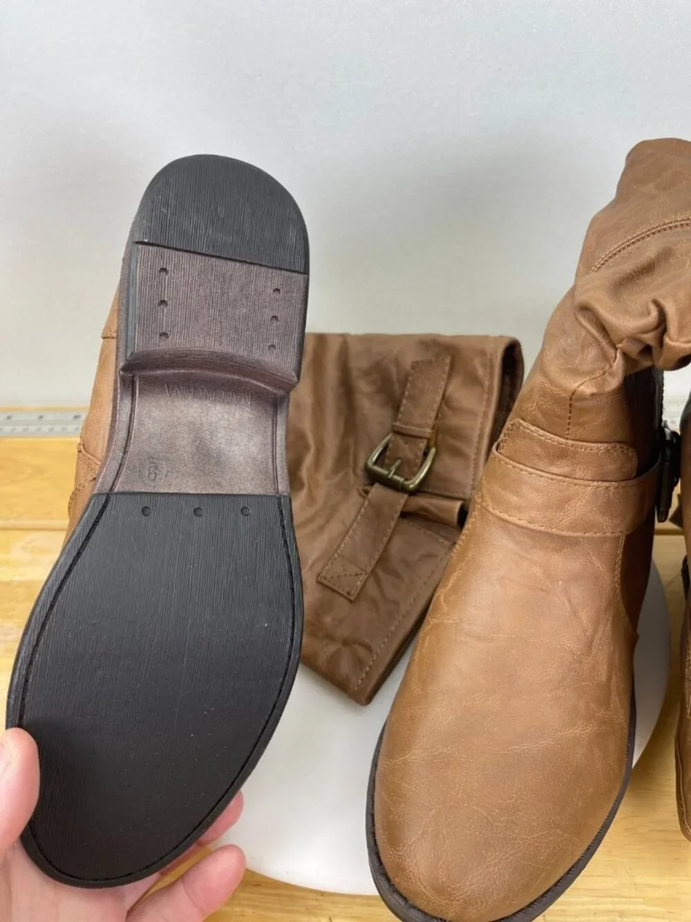Women’s Tall Riding Boots Tan Buckle Strap Slouch Zip Size 9